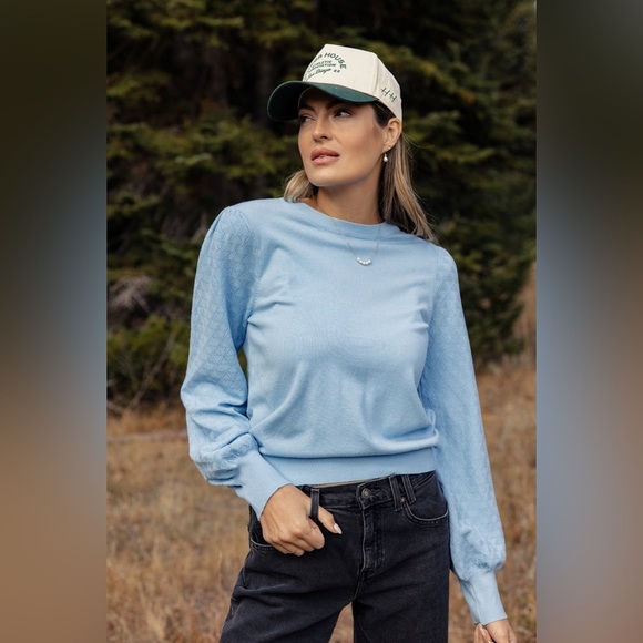 ROOLEE The Willis Textured Sweater Medium Blue soft lightweight puff sleeve - Picture 1 of 14